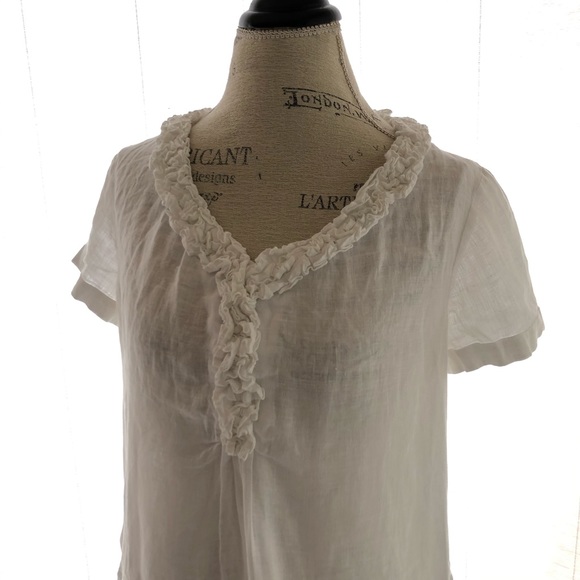 Talbots Petite Linen White Blouse Short Sleeve Ruffled Neckline - Picture 3 of 10